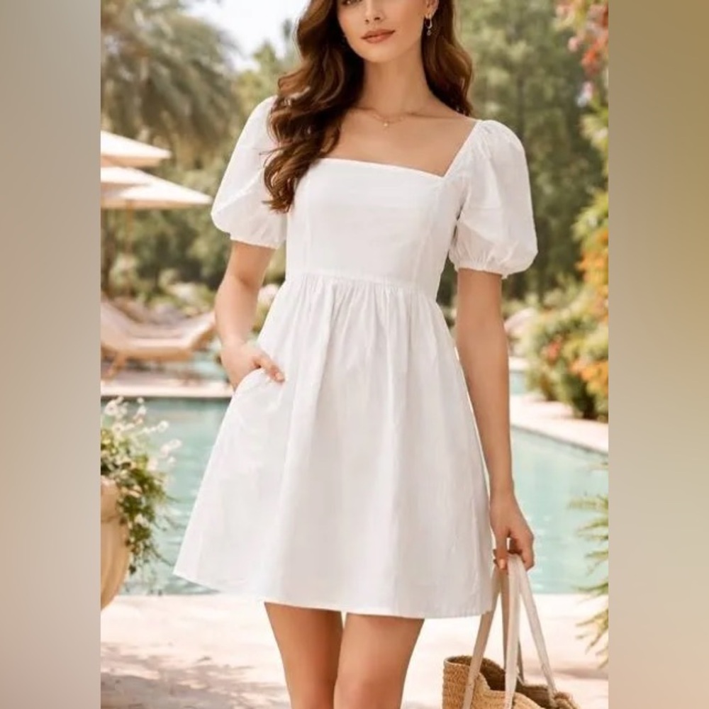 Draper James White Square-Neck Puff Sleeve Mini Dress